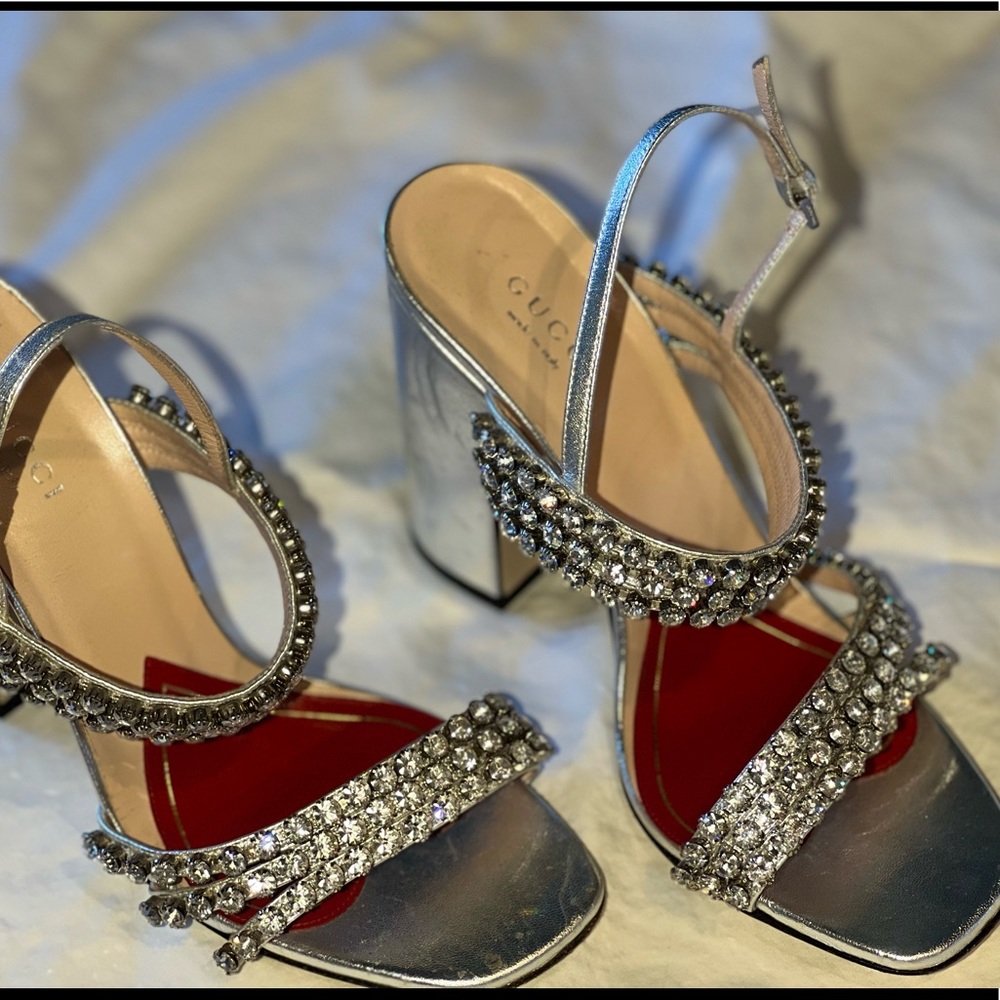 Gucci Jewel Crystal Sandal Heel Silver